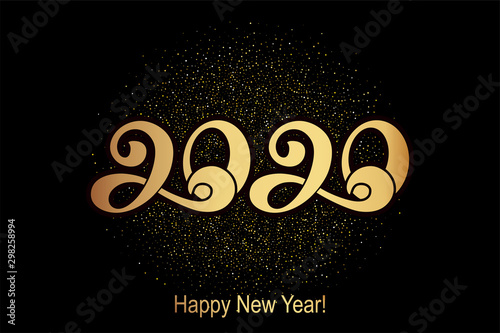 2020. Happy new year banner. Vector illustration of a happy new year in gold and black colors. Beautiful inscription. Background for the holiday.
