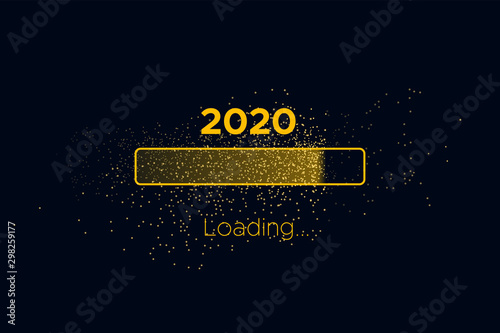 Progress bar with golden particles on black Download New Year's Eve. Loading animation screen with Glitter confetti shows almost reaching 2020. Creative festive banner with shiny progress bar.