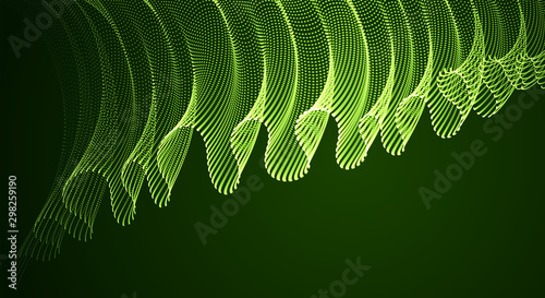 Wave of flowing particles over dark abstract vector magic background, smooth curvy shape dots transparent tulle textile on wind. 3d shape dots blended mesh, relaxing wallpaper.