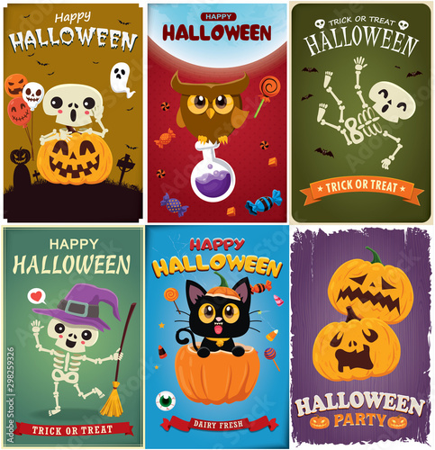 Vintage Halloween poster design with vector witch, skeleton, ghost, vampire, owl, pumpkin, character. 