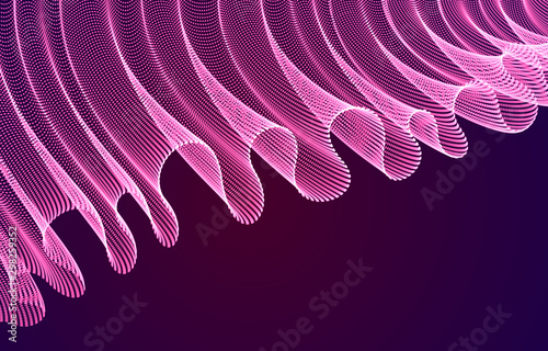Dynamic magic particles wave flowing over dark, transparent tulle textile on wind. Dotted curves vector abstract background. Beautiful 3d wave shaped array of blended points.