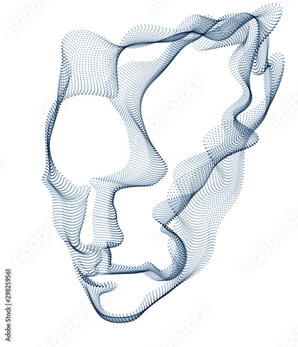 Technological time Spirit vector visualization in shape of human head made of dotted particles array flow in curve shapes, vector futuristic illustration.