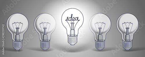 Idea concept, think different, light bulbs group vector illustration with single one is shining, creative inspiration, be special, leadership.