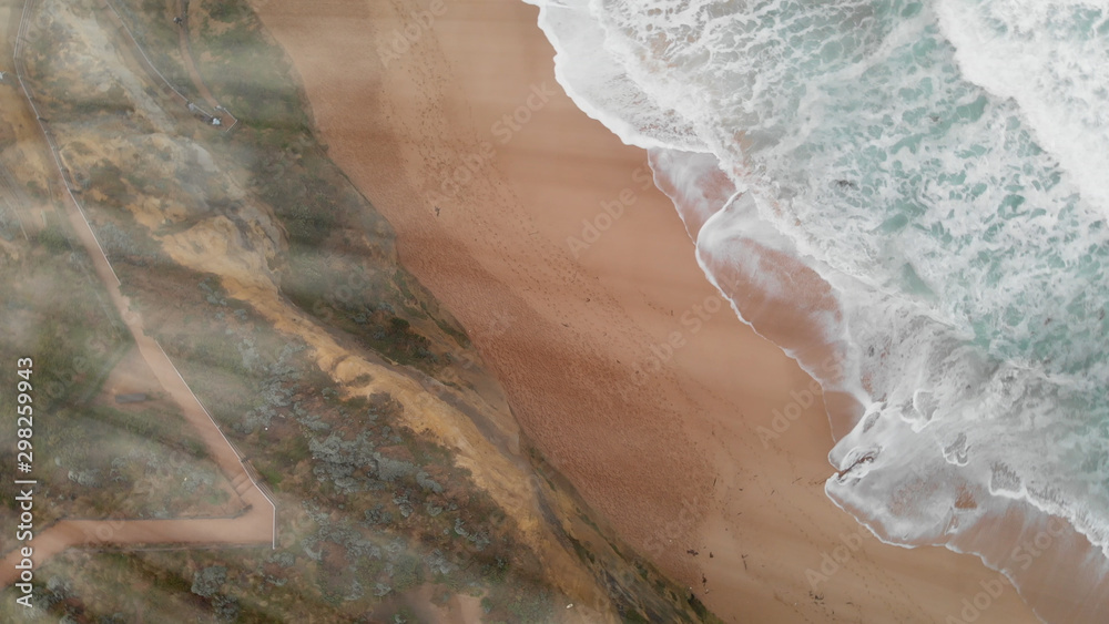 Amazing downward aerial view of Australian coastline along Great Ocean Road