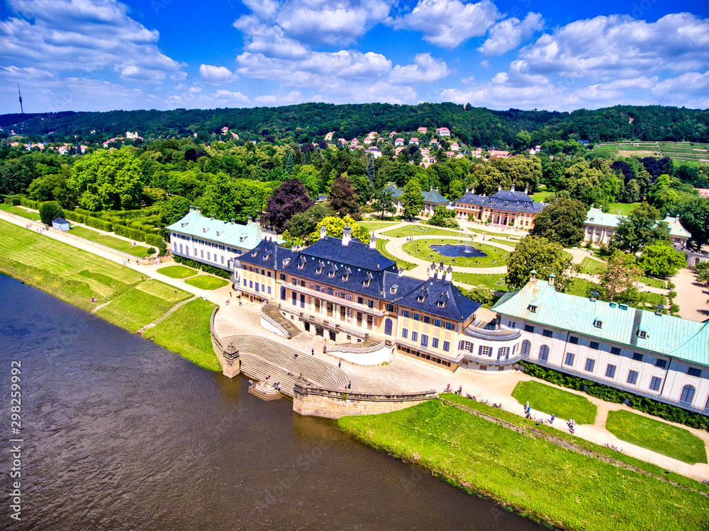 Pillnitz Castle aerial view from drone, Germany