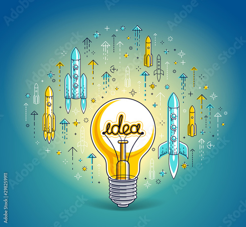 Shining light bulb and set of launching rockets, startup ideas creative concept, e-commerce allegory, new business, marketplace or online shop, vector illustration.