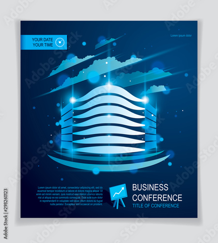 Futuristic building ad, modern vector architecture brochure with blurred lights and glares effect. Real estate realty business center blue design. 3D futuristic facade business conference template.