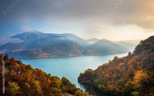 Autumn morning on the river surrounded by mountains. Danube river in Djerdap national park in Serbia on Romanian Border.