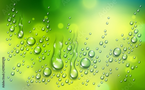 Water rain drops or condensation over blurred green nature background beyond the window, realistic transparent 3d vector illustration, easy to put over any background.