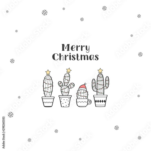 Very cute tiny Christmas greeting card with cactuses decorated as Christmas trees. Merry Christmas vector illustration