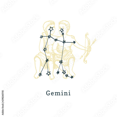 Zodiacal constellation of Gemini on background of drawn symbol in engraving style. Vector illustration of sign Twins.