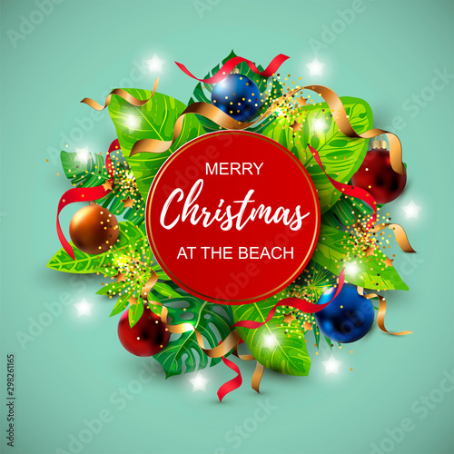 Merry Christmas at the beach with exotic tropical leaves, festive balls, golden confetti. Great for greeting card, Happy New Year party in Hawaiin style, flyer, poster. Place for text. Vector.
