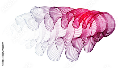 Dynamic particles sound wave flowing, transparent tulle textile on wind. Dotted curves vector abstract background. Beautiful 3d wave shaped array of blended points.