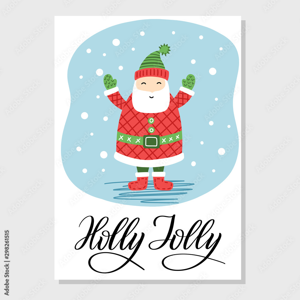 Merry Christmas and New Year greeting card with Santa Claus, gift box, Holly Jolly calligraphy sign. Holiday cartoon vector cute illustration. Colorful funny hand drawn template. Merry Christmas and New Year greeting card with Santa Claus, gift box, Holly Jolly calligraphy sign. Holiday cartoon vector cute illustration. Colorful funny hand drawn template.