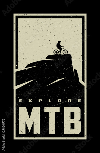 MTB explore. Mountain bike banner, t-shirt print design on a dark background. Vector illustration.