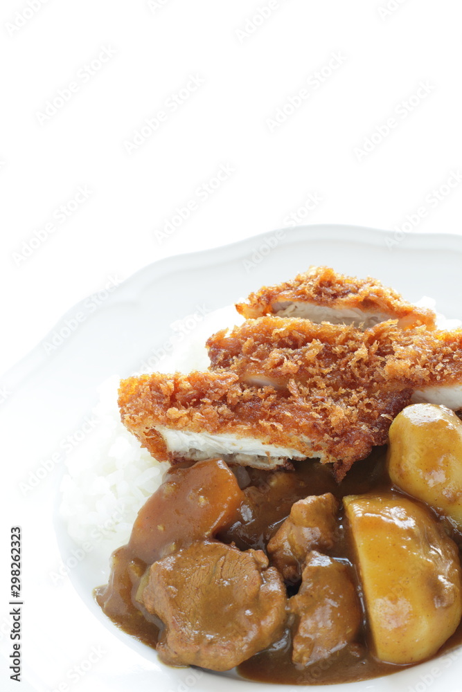 Japanese style curry, potato and pork curry rice with cutlet Japanese style curry, potato and pork curry rice with cutlet
