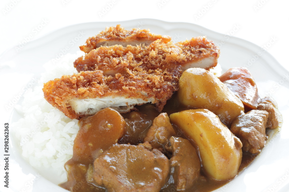 Japanese style curry, potato and pork curry rice with cutlet Japanese style curry, potato and pork curry rice with cutlet