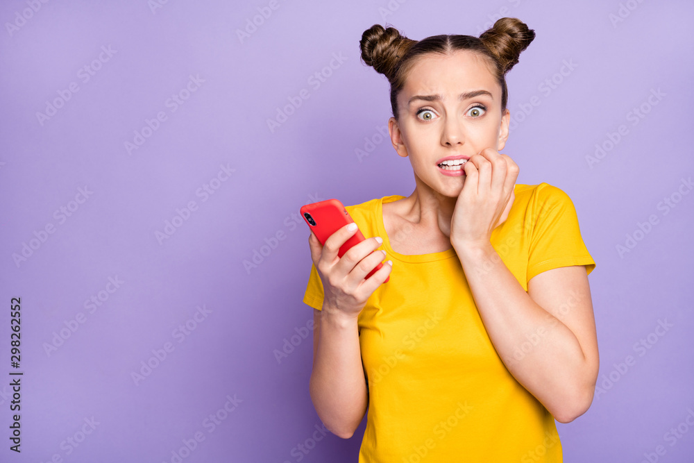 Photo of funny lady holding telephone reading school teacher email with scolding about skipping classes wear yellow t-shirt isolated on pastel purple background Photo of funny lady holding telephone reading school teacher email with scolding about skipping classes wear yellow t-shirt isolated on pastel purple background