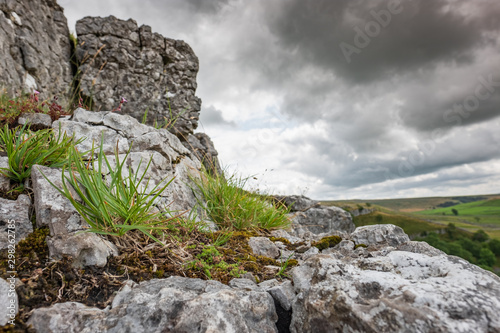 Dramatic view of glacial rocks seen atop Malham Cove in the heart of the Yorkshire Dales. Flora can be seen growing between these Ice Age rocks.