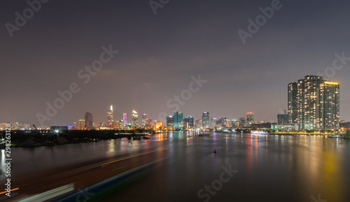 Saigon Cityscape at Sunrise blue hours with illuminated  Skyline   Modern City Skyline Riverside. ho chi minh   Vietnam.