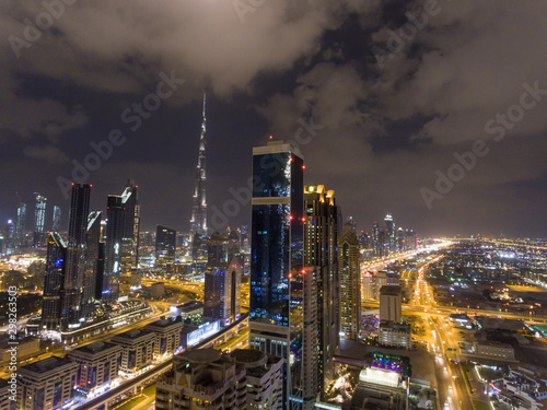 Panoramic aerial view of Dubai skyline at night, United Arab Emirates