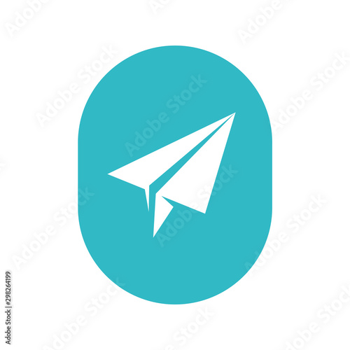 Paper plane graphic icon. Paper plane sign in the oval shape isolated on white background. Vector illustration