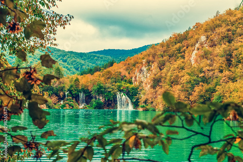 Stunning view of the waterfall . Surprisingly clean and transparent Plitvice lakes of Croatia. A truly pristine and wonderful piece of wildlife in the mountains. A famous landmark in Croatia