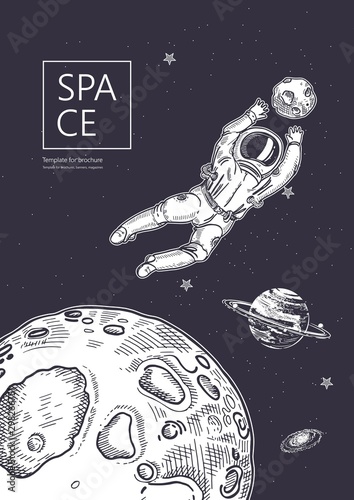 Space background. Outline astronaut, planets, satellites, flying saucers. Astronaut catches a planet. Space football.