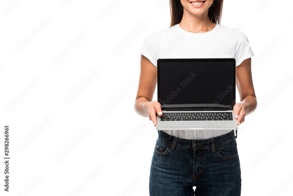 cropped view of woman showing laptop with blank screen, isolated on white cropped view of woman showing laptop with blank screen, isolated on white