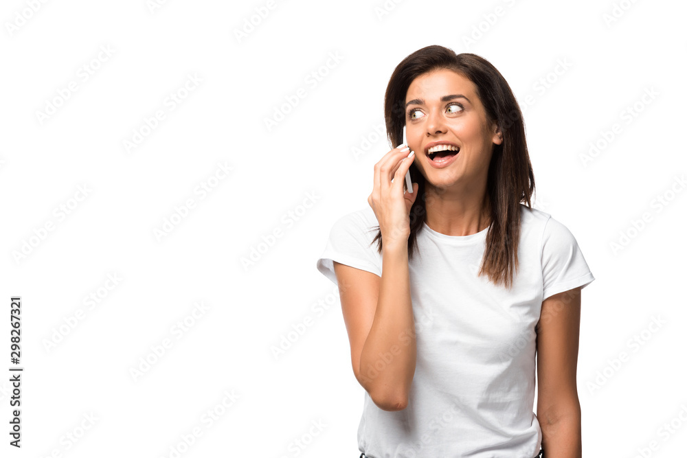 excited young woman talking on smartphone, isolated on white excited young woman talking on smartphone, isolated on white