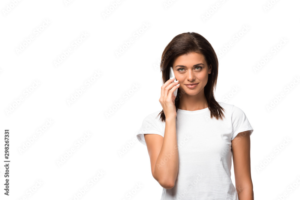beautiful smiling woman talking on smartphone, isolated on white beautiful smiling woman talking on smartphone, isolated on white