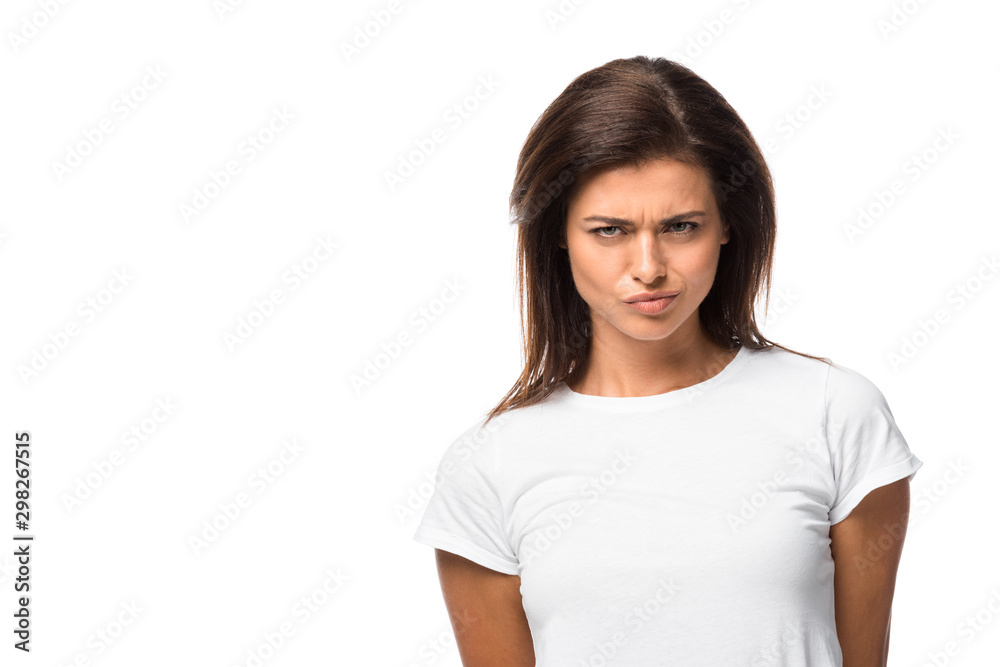 thoughtful woman in white t-shirt looking at camera, isolated on white thoughtful woman in white t-shirt looking at camera, isolated on white