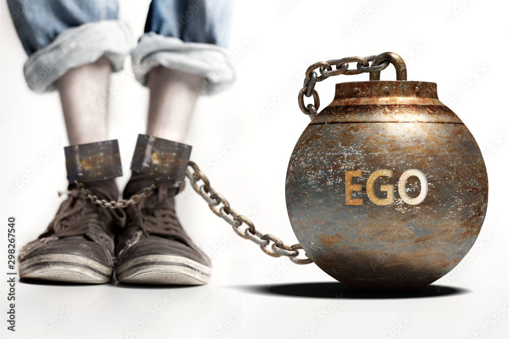 Ilustrace „Ego can be a big weight and a burden with negative influence -  Ego role and impact symbolized by a heavy prisoner's weight attached to a  person, 3d illustration“ ze služby