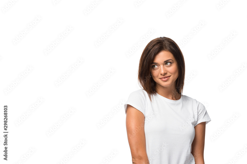 brunette smiling girl in white t-shirt, isolated on white brunette smiling girl in white t-shirt, isolated on white