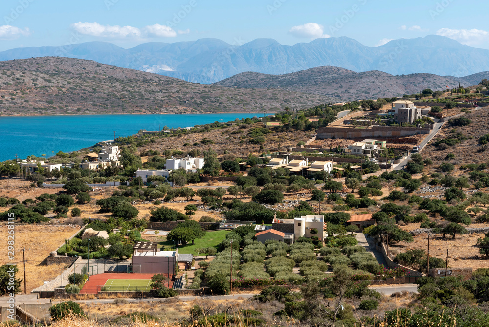 Plaka, Crete, Greece. October 2019. An overview of inland properties and olive groves of Plaka a Cretan coastal town.