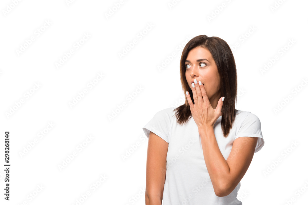 beautiful shocked girl in white t-shirt, isolated on white beautiful shocked girl in white t-shirt, isolated on white
