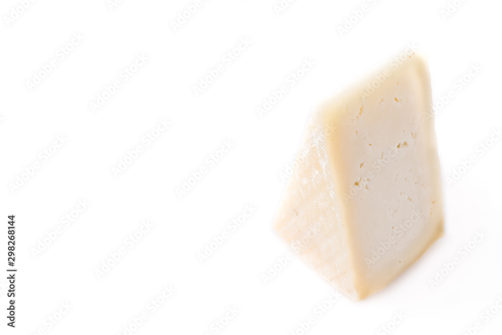 White cheese piece isolated on white background. Copy space
