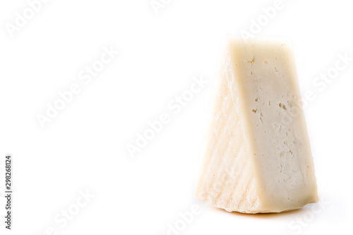 White cheese piece isolated on white background. Copy space