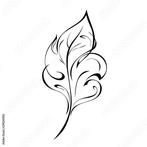 one stylized leaf with curls in black lines on a white background