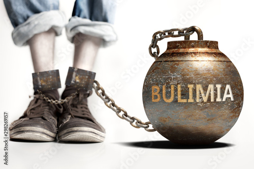 Bulimia can be a big weight and a burden with negative influence - Bulimia role and impact symbolized by a heavy prisoner's weight attached to a person, 3d illustration
