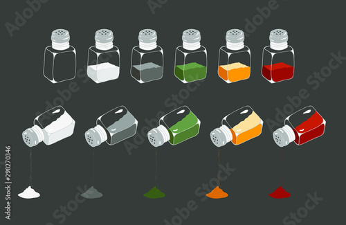 Vector set of different spices. Transparent bottles with different filler isolated on a gray background. Salt, black pepper, red pepper, curry, herbs,