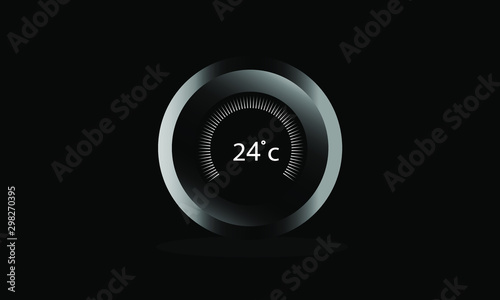 Modern circle thermostat in black colour with shadow and black background, 24 Celsius