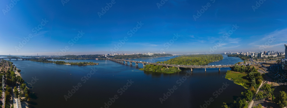 Aerial panorama view of The Dnipro river in Kiev near the Paton Bridge