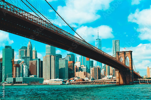 Suspended Brooklyn Bridge across Lower Manhattan and Brooklyn. New York, USA. © BRIAN_KINNEY