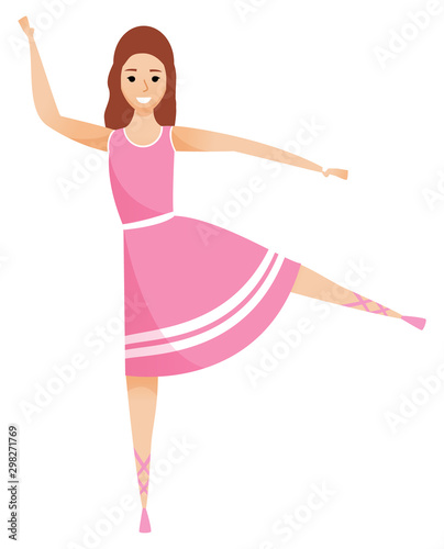 Woman in pink dress, smiling isolated. Pretty girl balancing on one leg, ballerina or ballet dancer in flat design cartoon style. Happy lady on dance. Vector illustration in flat cartoon style