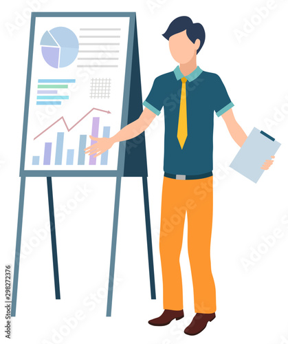 Man with clipboard giving presentation with key features vector, flat style character wearing formal clothes. Male with documents in hand, data and charts. Manager present business presentation