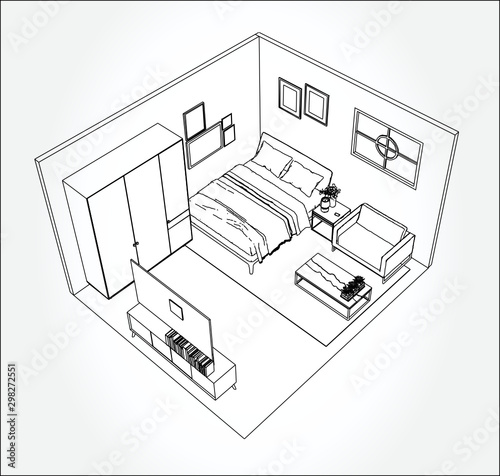 Linear sketch of an interior. Living room and bedroom drawing plan. Sketch Line sofa set. Vector illustration.outline sketch drawing perspective of a interior space.