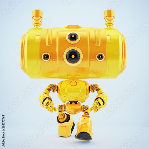 Walking robotic yellow toy with big tube head. 3d rendering