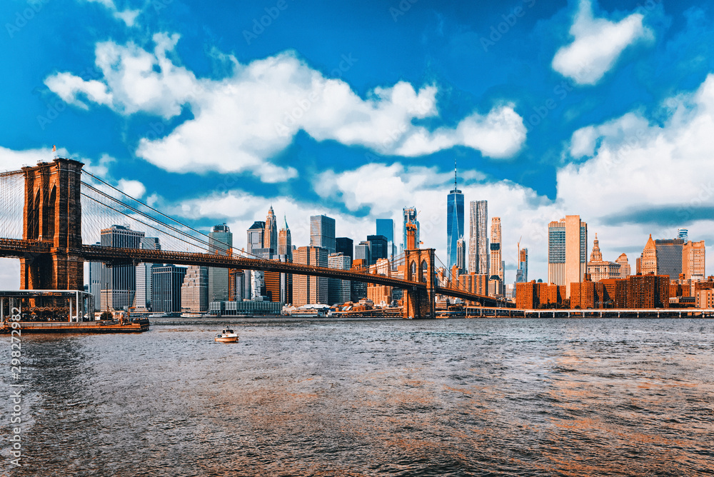 Naklejka premium Zawieszenie mostu Brooklyn Bridge na Dolnym Manhattanie i Brooklynie. Nowy Jork, USA.