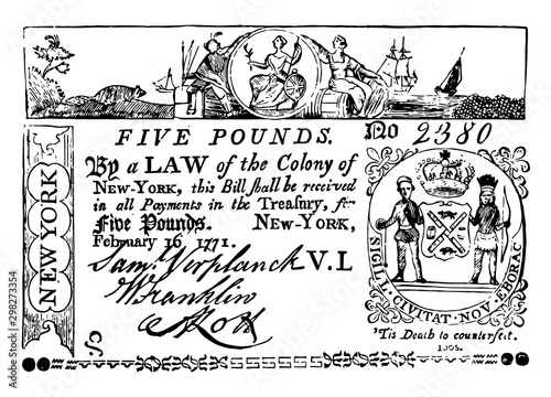 Paper Money, Five Pounds Bill, 1771 vintage illustration.